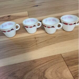 Termocrisa Milk Glass Mugs Set 4 White Red Floral Gold Rim 1960s MCM Cottagecore